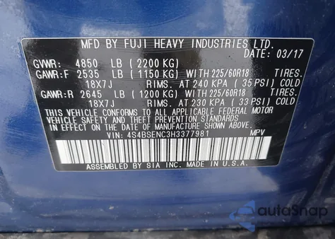 2017 Subaru Outback 3.6R Limited z USA, uszkodzony, nr VIN 4S4BSENC3H3377981